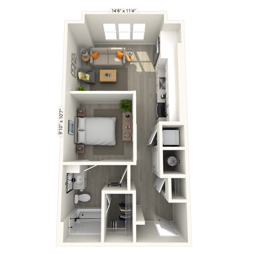 Floor plan for studio, 1 bath, 605 sqft