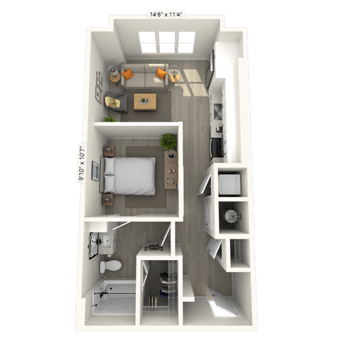 Floor plan for 1 bed, 1 bath, 605 sqft