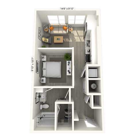 Floor plan for 1 bed, 1 bath, 584 sqft