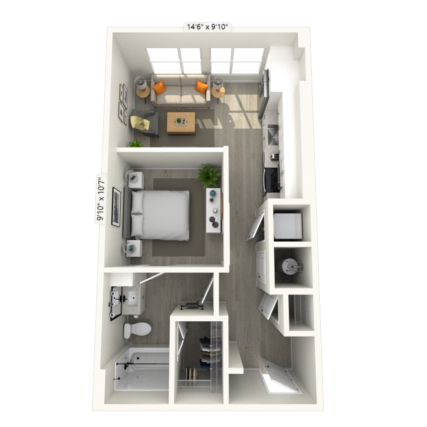 Floor plan for studio, 1 bath, 584 sqft