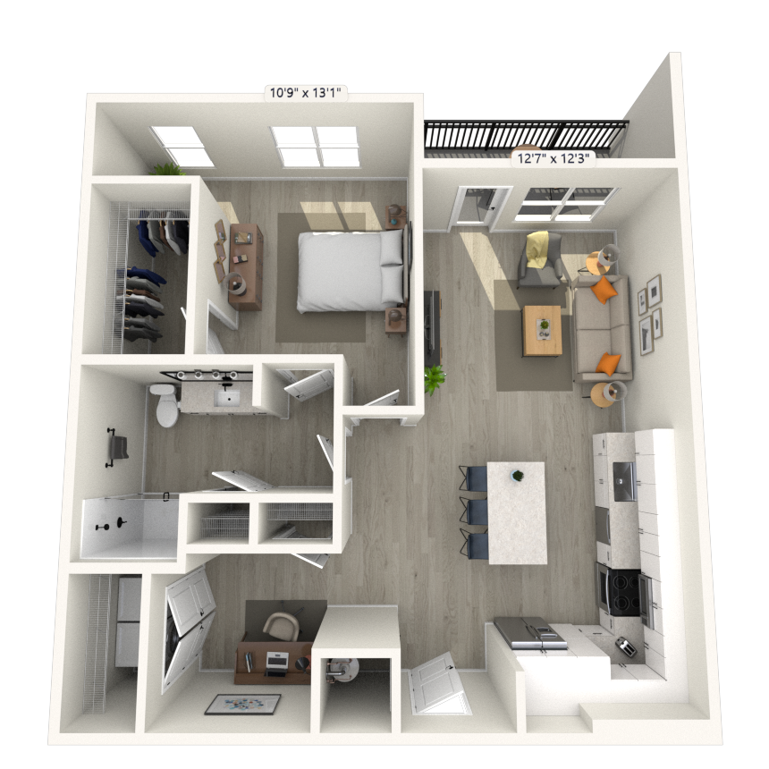 Floor plan for 1 bed, 1 bath, 899 sqft
