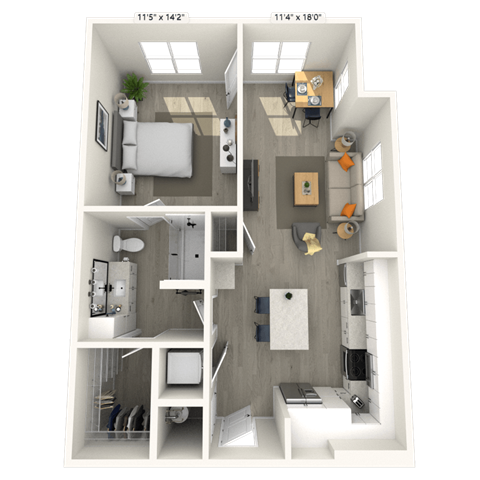 Floor plan for 1 bed, 1 bath, 784 sqft