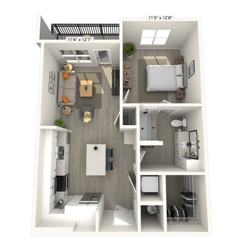 Floor plan for 1 bed, 1 bath, 712 sqft