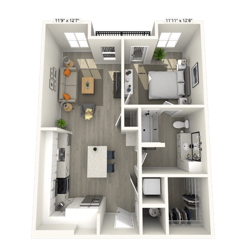 Floor plan for 1 bed, 1 bath, 729 sqft