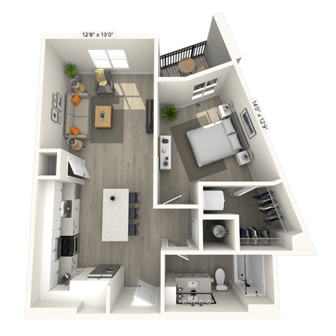 Floor plan for 1 bed, 1 bath, 802 sqft
