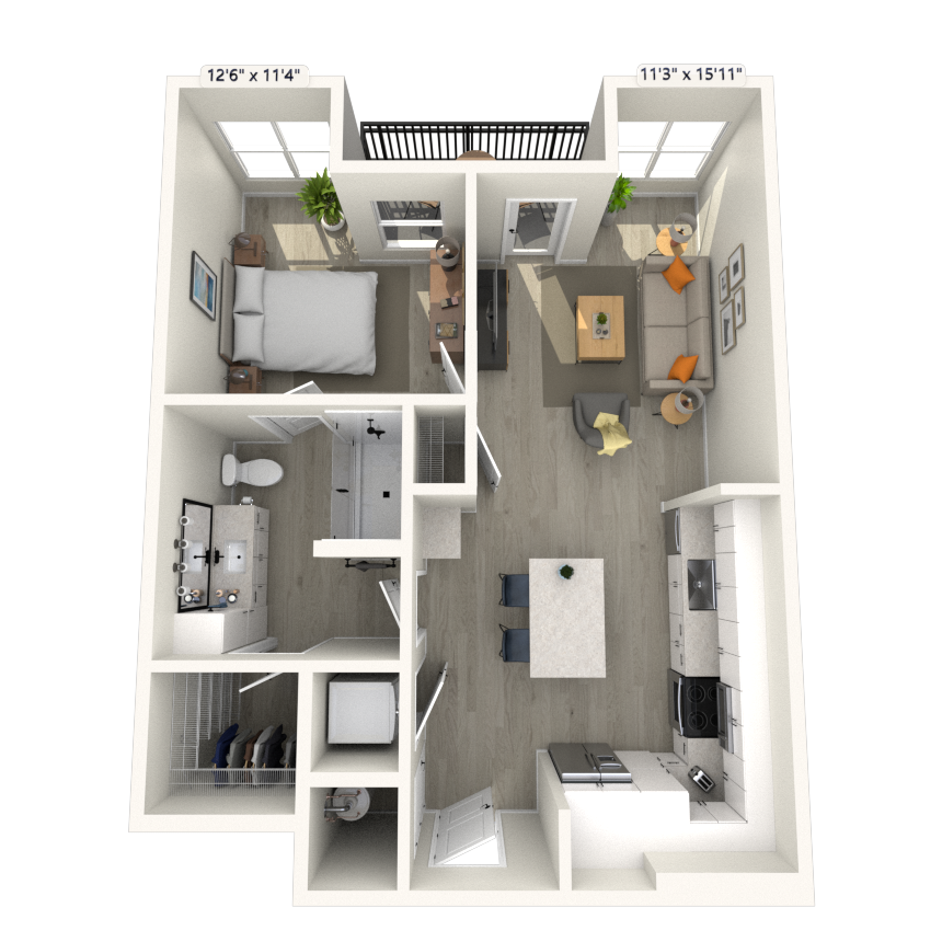 Floor plan for 1 bed, 1 bath, 714 sqft