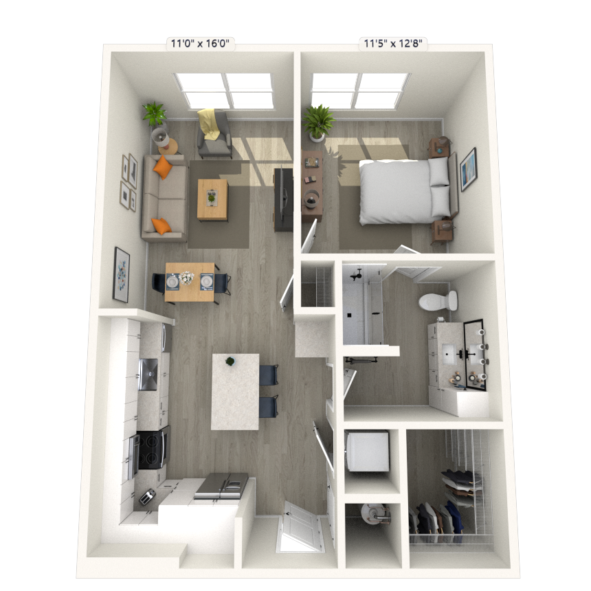 Floor plan for 1 bed, 1 bath, 753 sqft