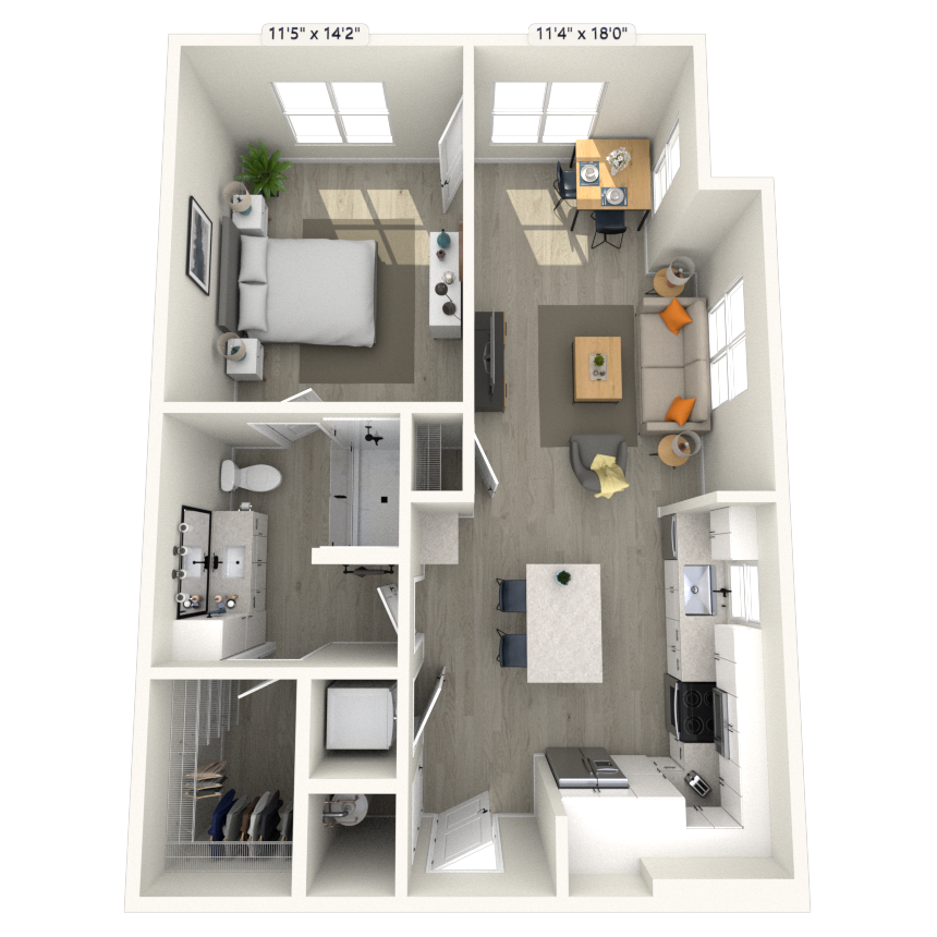 Floor plan for 1 bed, 1 bath, 784 sqft