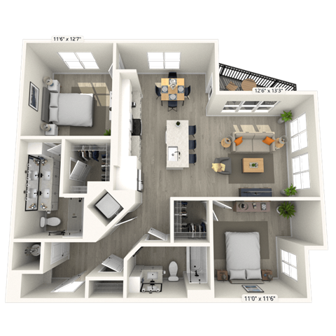 Floor plan for 2 beds, 2 baths, 1175 sqft