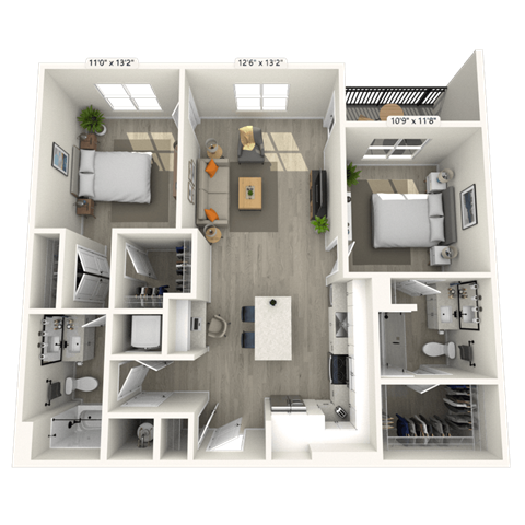 Floor plan for 2 beds, 2 baths, 1068 sqft