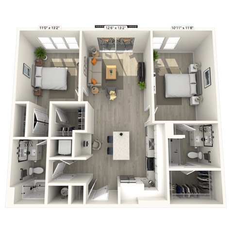 Floor plan for 2 beds, 2 baths, 1126 sqft