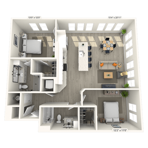 Floor plan for 2 beds, 2 baths, 1238 sqft