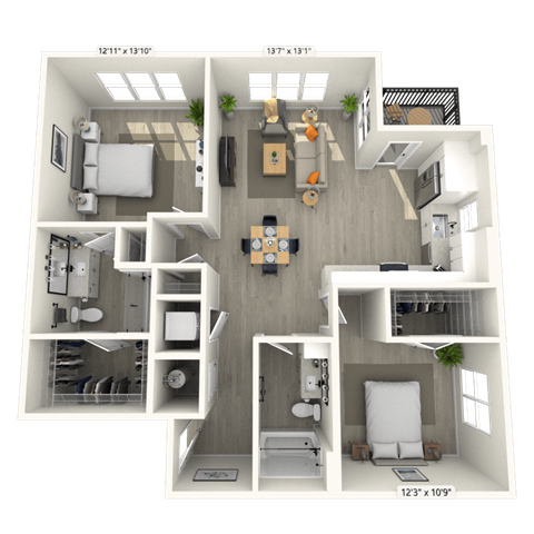 Floor plan for 2 beds, 2 baths, 1145 sqft