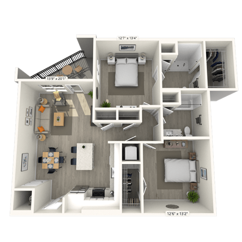 Floor plan for 2 beds, 2 baths, 1162 sqft