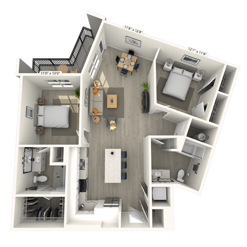 Floor plan for 2 beds, 2 baths, 1172 sqft