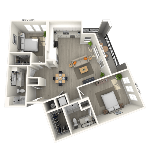 Floor plan for 2 beds, 2 baths, 1195 sqft