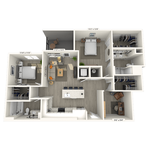 Floor plan for 2 beds, 2 baths, 1275 sqft
