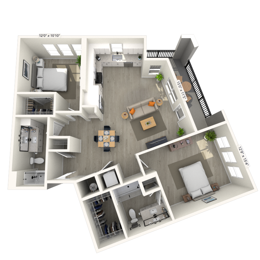 Floor plan for 2 beds, 2 baths, 1195 sqft