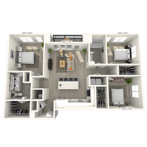 Floor plan for 3 beds, 2 baths, 1401 sqft