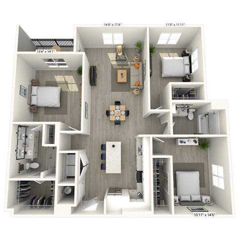 Floor plan for 3 beds, 2 baths, 1515 sqft