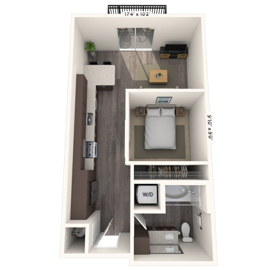 Floor plan for 1 bed, 1 bath, 568 sqft