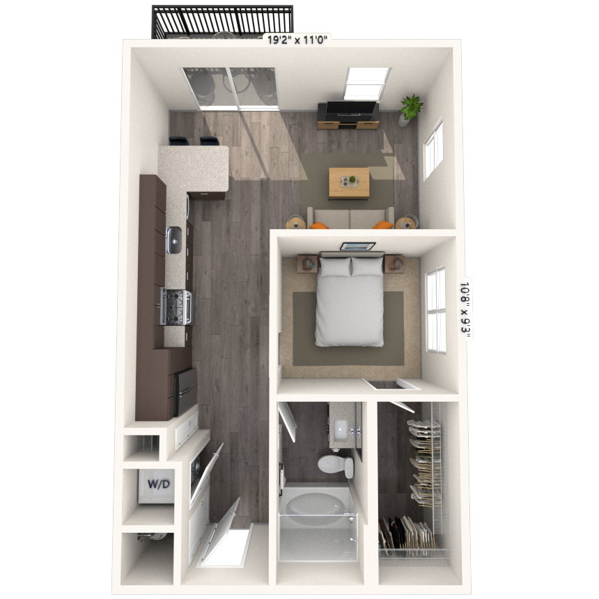 Floor plan for 1 bed, 1 bath, 640 sqft