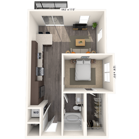 Floor plan for 1 bed, 1 bath, 703 sqft