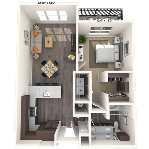 Floor plan for 1 bed, 1 bath, 776 sqft