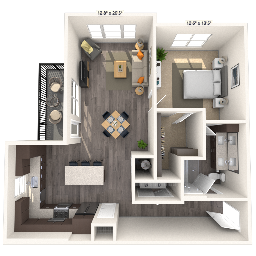 Floor plan for 1 bed, 1 bath, 934 sqft