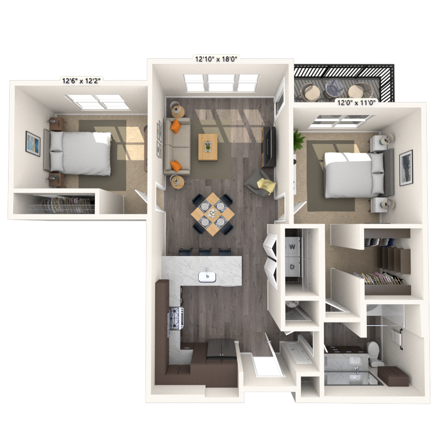 Floor plan for 2 beds, 1 bath, 945 sqft