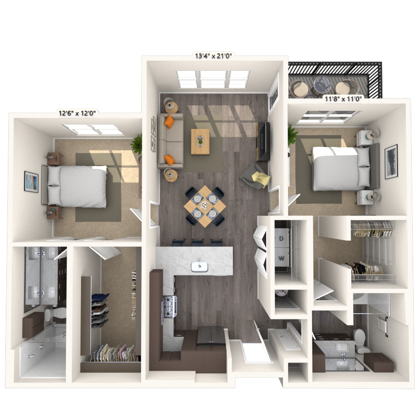 Floor plan for 2 beds, 2 baths, 1121 sqft