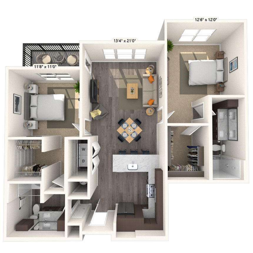 Floor plan for 2 beds, 2 baths, 1123 sqft