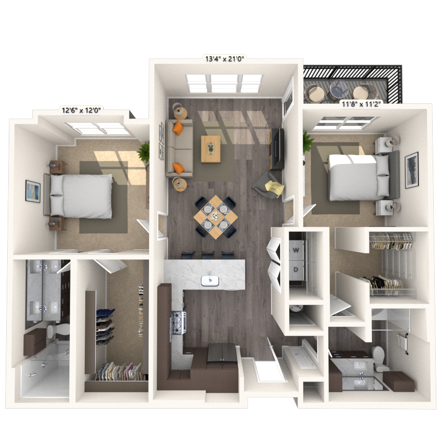 Floor plan for 2 beds, 2 baths, 1130 sqft