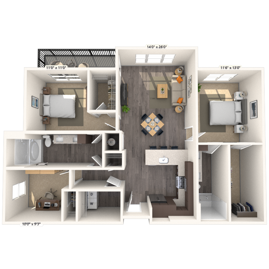 Floor plan for 2 beds, 2 baths, 1331 sqft