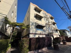 Alameda apartment for rent - A building with a blue sky in the background and a tree in front of it.