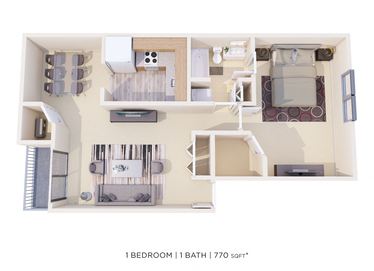 Floor plan for 1 bed, 1 bath, 866 sqft