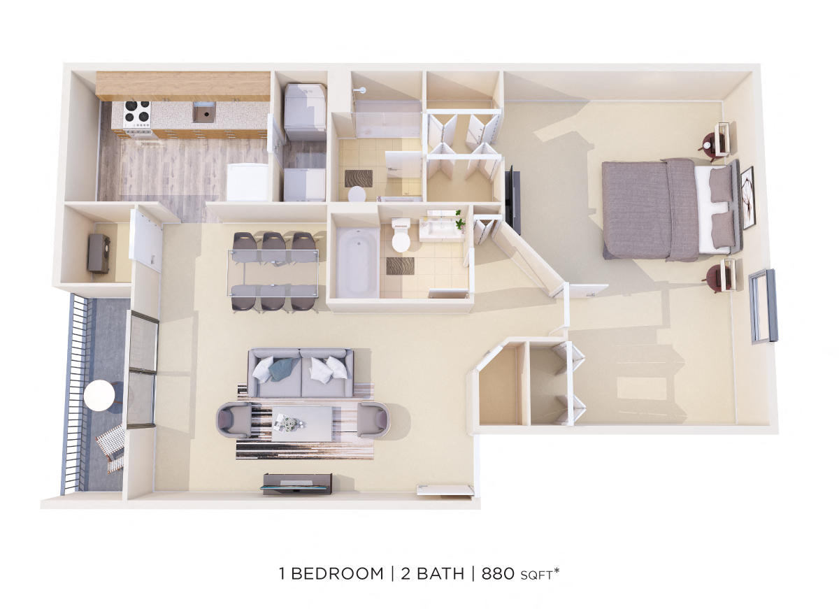 Floor plan for 1 bed, 2 baths, 880 sqft