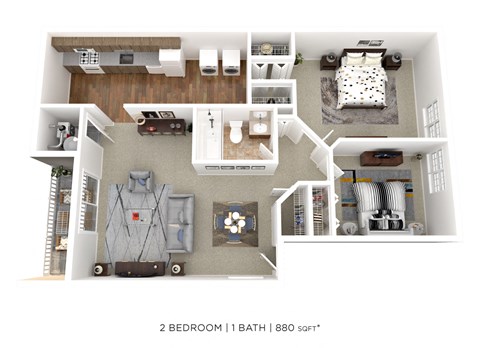 Floor plan for 2 beds, 1 bath, 880 sqft