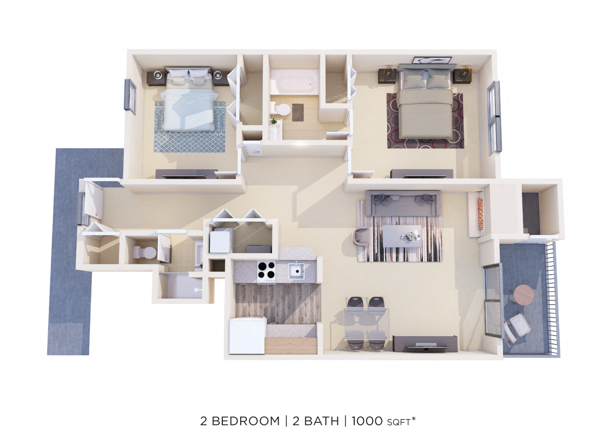 Floor plan for 2 beds, 2 baths, 1000 sqft