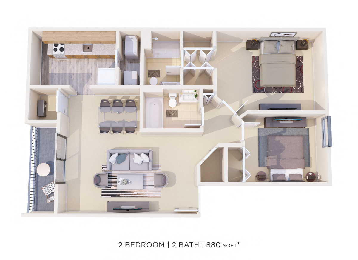 Floor plan for 2 beds, 2 baths, 880 sqft