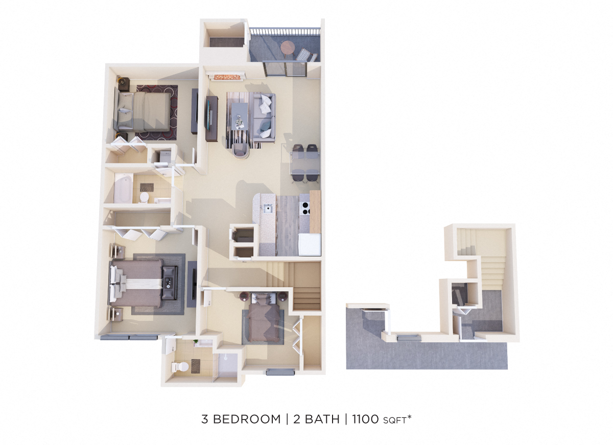 Floor plan for 3 beds, 2 baths, 1100 sqft