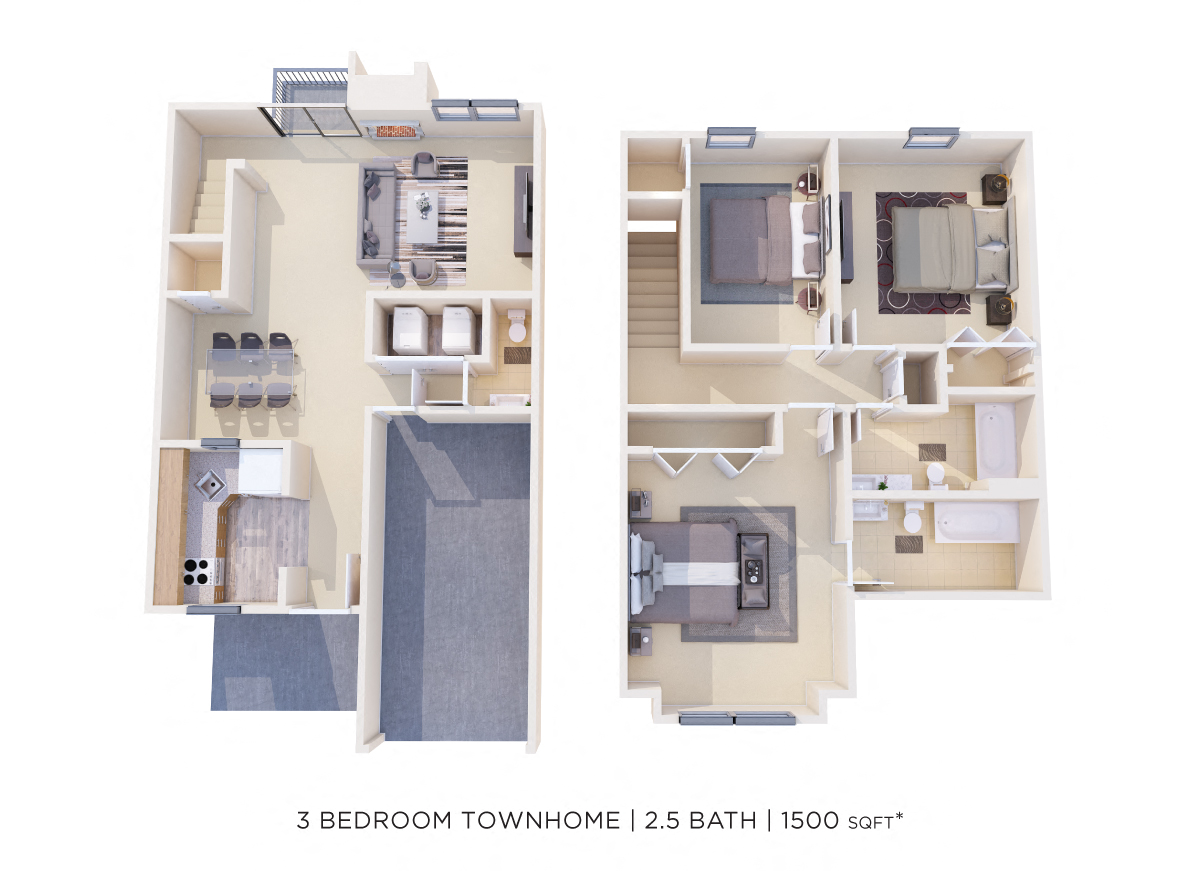Floor plan for 3 beds, 2.5 baths, 1500 sqft
