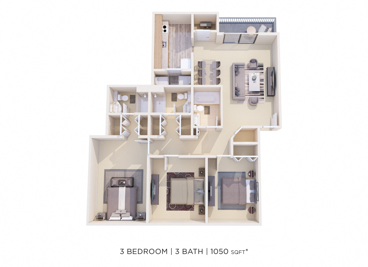 Floor plan for 3 beds, 3 baths, 1050 sqft