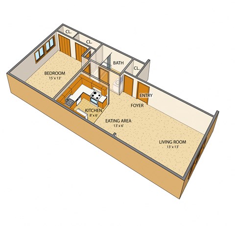 Floor plan for 1 bed, 1 bath, 676 sqft