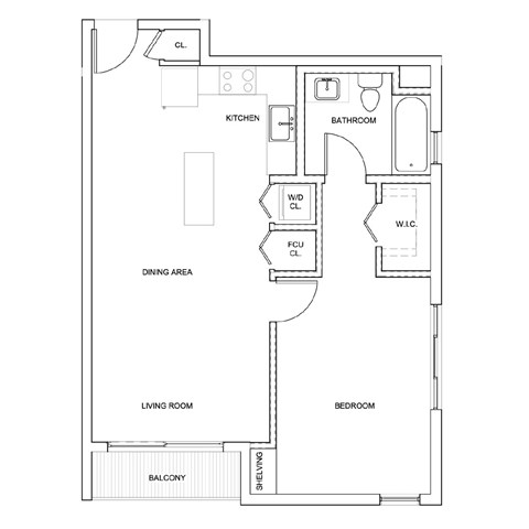 Floor plan for 1 bed, 1 bath, 658 sqft