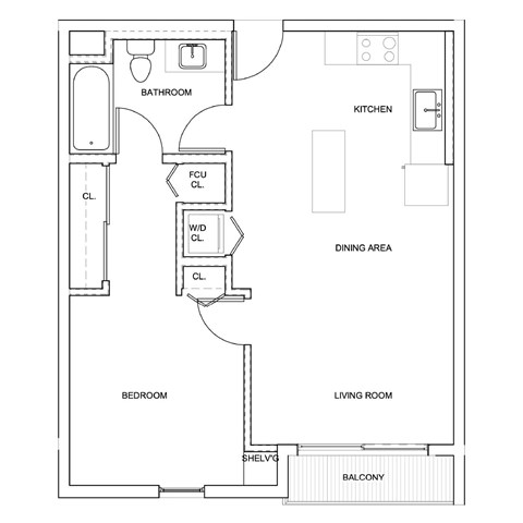 Floor plan for 1 bed, 1 bath, 615 sqft