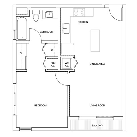 Floor plan for 1 bed, 1 bath, 628 sqft