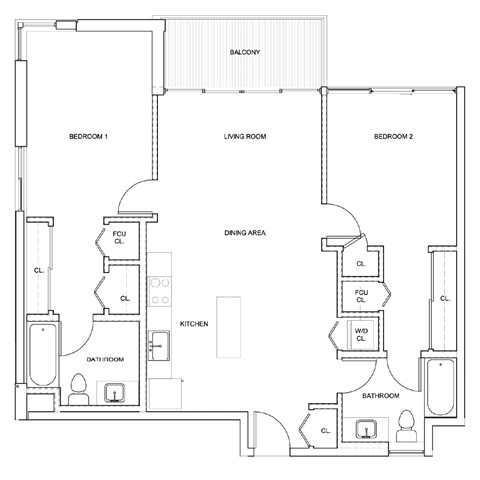 Floor plan for 2 beds, 2 baths, 1045 sqft