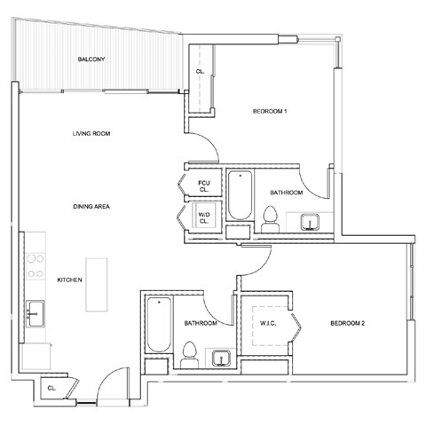 Floor plan for 2 beds, 2 baths, 964 sqft