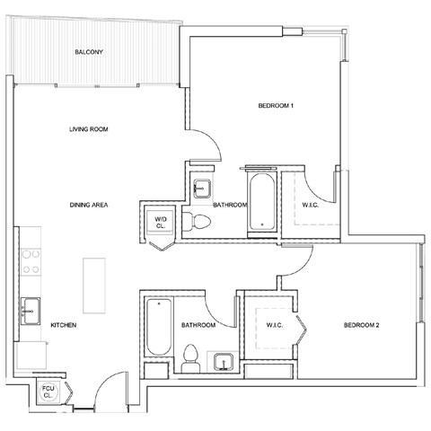 Floor plan for 2 beds, 2 baths, 966 sqft